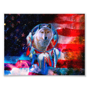 Wolf und Dreamcatcher in der amerikanischen Flagge Fotodruck