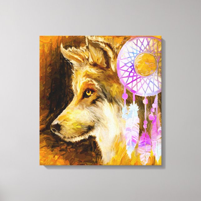 Wolf und Dreamcatcher Leinwanddruck (Vorderseite)