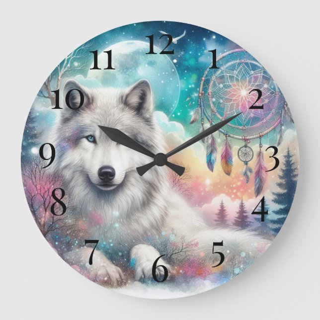 Wolf und Dreamcatcher mit dem Mond Große Wanduhr (Vorderseite)