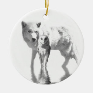 Wolf und Eule Keramik Ornament