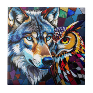 Wolf und Eule Lebendig und Bunt Fliese