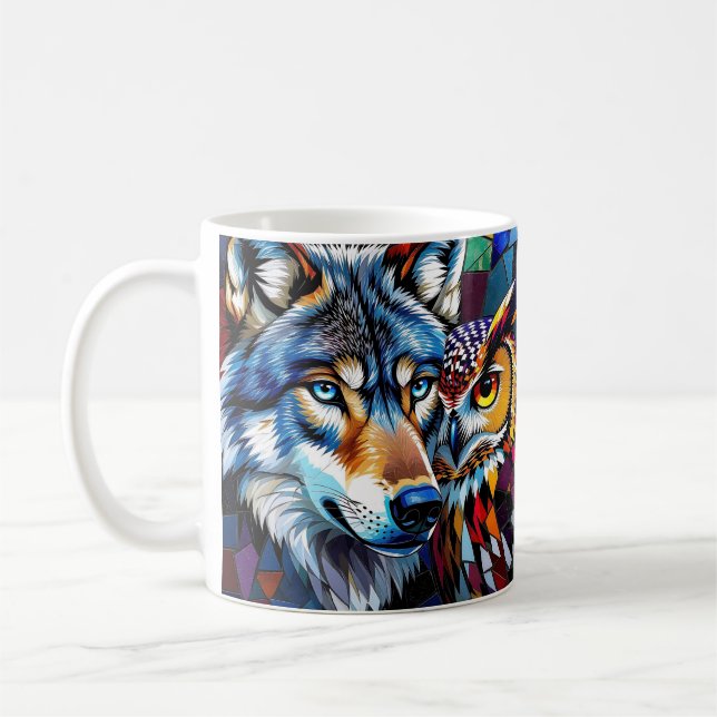Wolf und Eule Lebendig und Bunt  Kaffeetasse (Links)