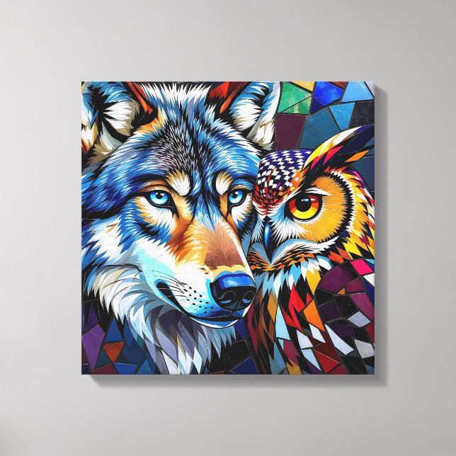 Wolf und Eule Lebendig und Bunt Leinwanddruck (Vorderseite)