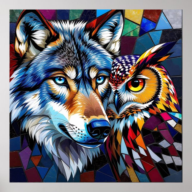 Wolf und Eule Lebendig und Bunt Poster (Vorne)