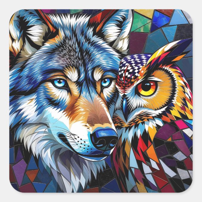 Wolf und Eule Lebendig und Bunt Quadratischer Aufkleber (Vorderseite)