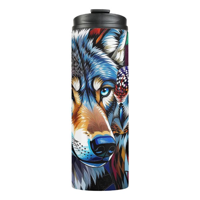 Wolf und Eule Lebendig und Bunt  Thermosbecher (Vorderseite)