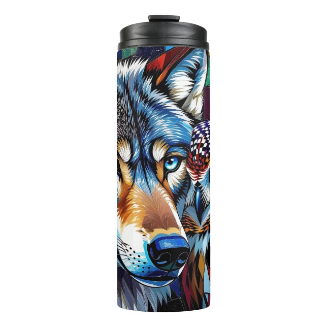 Wolf und Eule Lebendig und Bunt  Thermosbecher (Vorderseite)