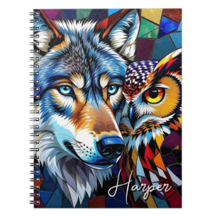 Wolf und Eule Lebendige und Bunte Personalisierte Notizblock