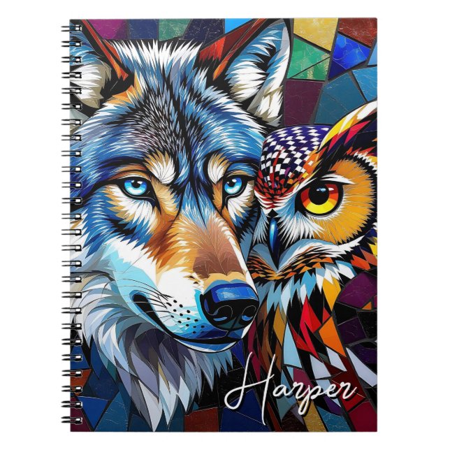 Wolf und Eule Lebendige und Bunte Personalisierte  Notizblock (Vorderseite)