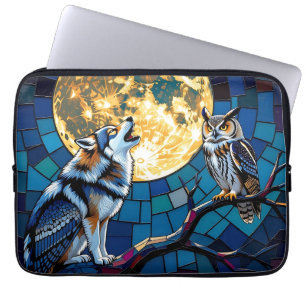 Wolf- und Eulen-Mosaik-Kunst Laptopschutzhülle