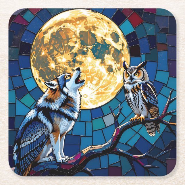 Wolf- und Eulen-Mosaik-Kunst Rechteckiger Pappuntersetzer (Vorderseite)