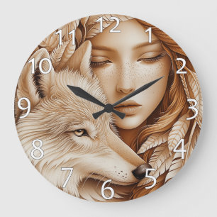 Wolf und Frauen in Feathers Große Wanduhr