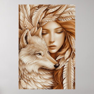Wolf und Frauen in Feathers Poster