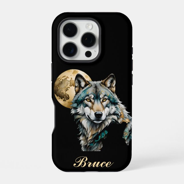 Wolf und Gold Moon *Personalize* iPhone Hülle (Rückseite)