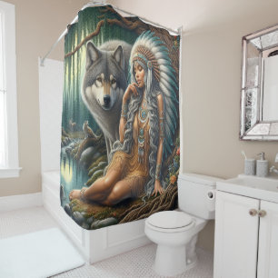 Wolf und Indianer in der Natur Duschvorhang