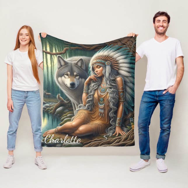 Wolf und Indianer in der Natur Fleecedecke (Beispiel)