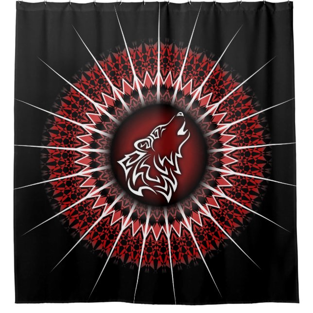 Wolf und Mandala Red White Black Modern Duschvorhang (Vorderseite)