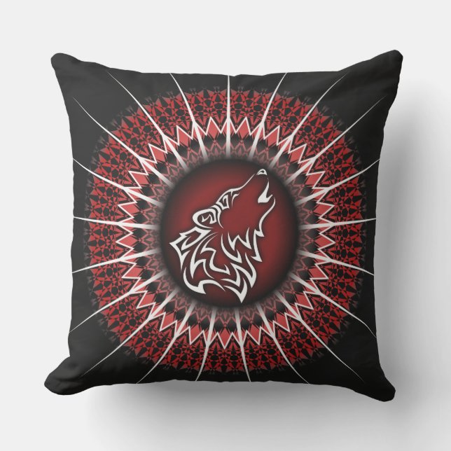 Wolf und Mandala Red White Black Modern Kissen (Vorderseite)