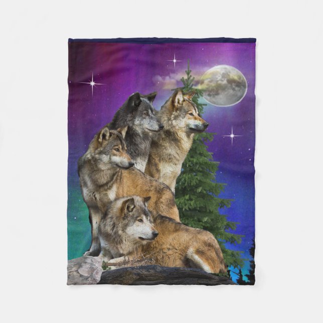 Wolf und Mond Fleecedecke (Vorderseite)