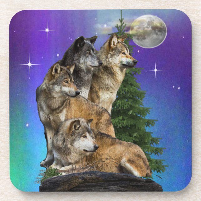 Wolf und Mond Getränkeuntersetzer (Vorderseite)