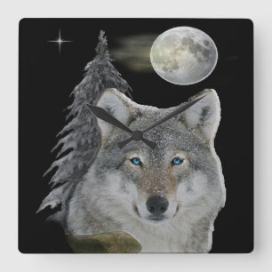 Wolf und Mond Quadratische Wanduhr