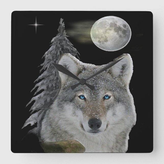 Wolf und Mond Quadratische Wanduhr (Vorderseite)