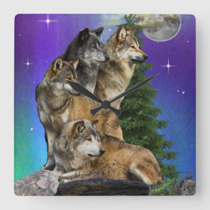 Wolf und Mond Quadratische Wanduhr