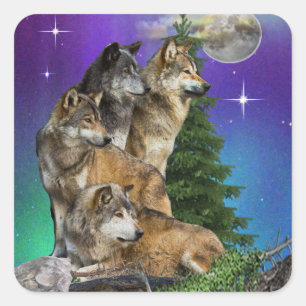 Wolf und Mond Quadratischer Aufkleber