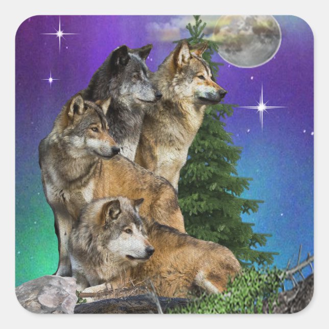 Wolf und Mond Quadratischer Aufkleber (Vorderseite)