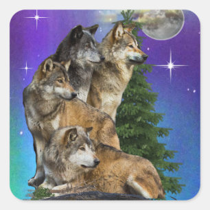Wolf und Mond Quadratischer Aufkleber