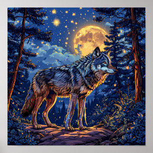 🐺 Wolf und Mond Wald Nachthimmel Mystische Natur Poster