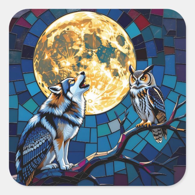 Wolf und Owl Mosaik Art Quadratischer Aufkleber (Vorderseite)