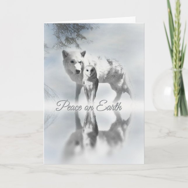 Wolf und Owl Weltfrieden Weihnachtskarte Karte (Vorderseite)