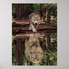 Wolf und Pup Water Reflection, Abstrakte Motivatio Poster