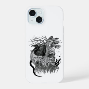 Wolf und Rabe mit Totenkopf iPhone 15 Hülle