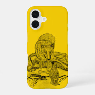Wolf und Rabe schwarzes und gelbes Design iPhone 16 Hülle