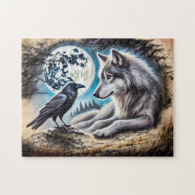 Wolf und Raven auf Rock am Vollmond Puzzle (Horizontal)