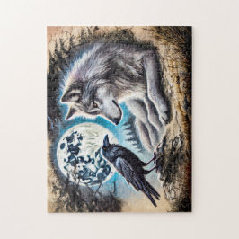 Wolf und Raven auf Rock am Vollmond Puzzle
