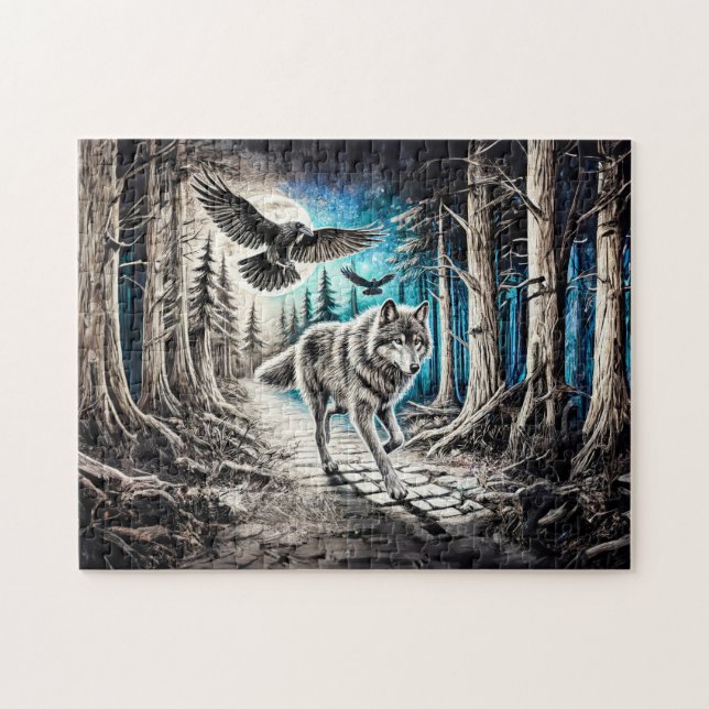 Wolf und Raven im Mondlicht Puzzle (Horizontal)