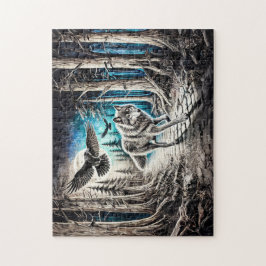 Wolf und Raven im Mondlicht Puzzle
