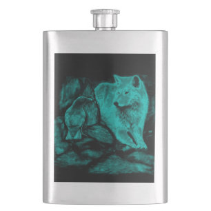 Wolf und Raven in der Nacht Flachmann