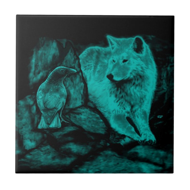 Wolf und Raven in der Nacht Fliese (Vorderseite)