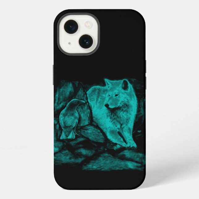 Wolf und Raven in der Nacht iPhone Hülle (Rückseite)