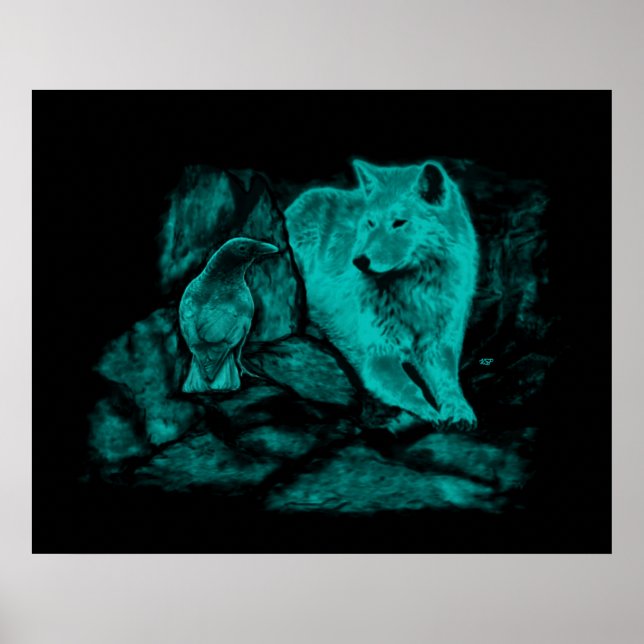 Wolf und Raven in der Nacht Poster (Vorne)