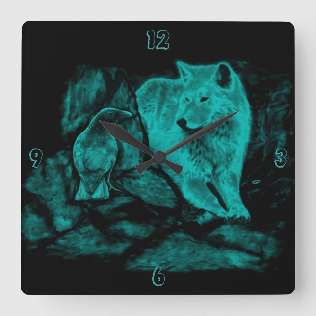 Wolf und Raven in der Nacht Quadratische Wanduhr (Vorderseite)
