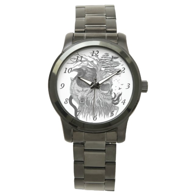 Wolf und Raven mit Skull Armbanduhr (Vorderseite)