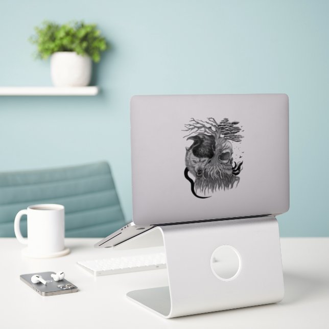 Wolf und Raven mit Skull Aufkleber (Laptop auf Schreibtisch)