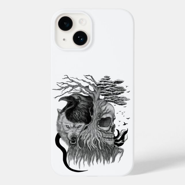 Wolf und Raven mit Skull Case-Mate iPhone Hülle (Rückseite)