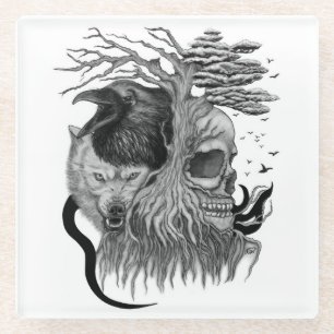 Wolf und Raven mit Skull Glasuntersetzer