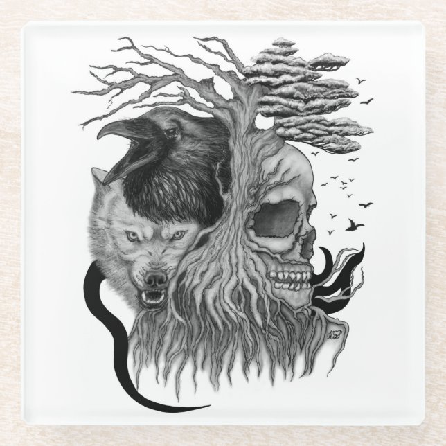 Wolf und Raven mit Skull Glasuntersetzer (Vorderseite)